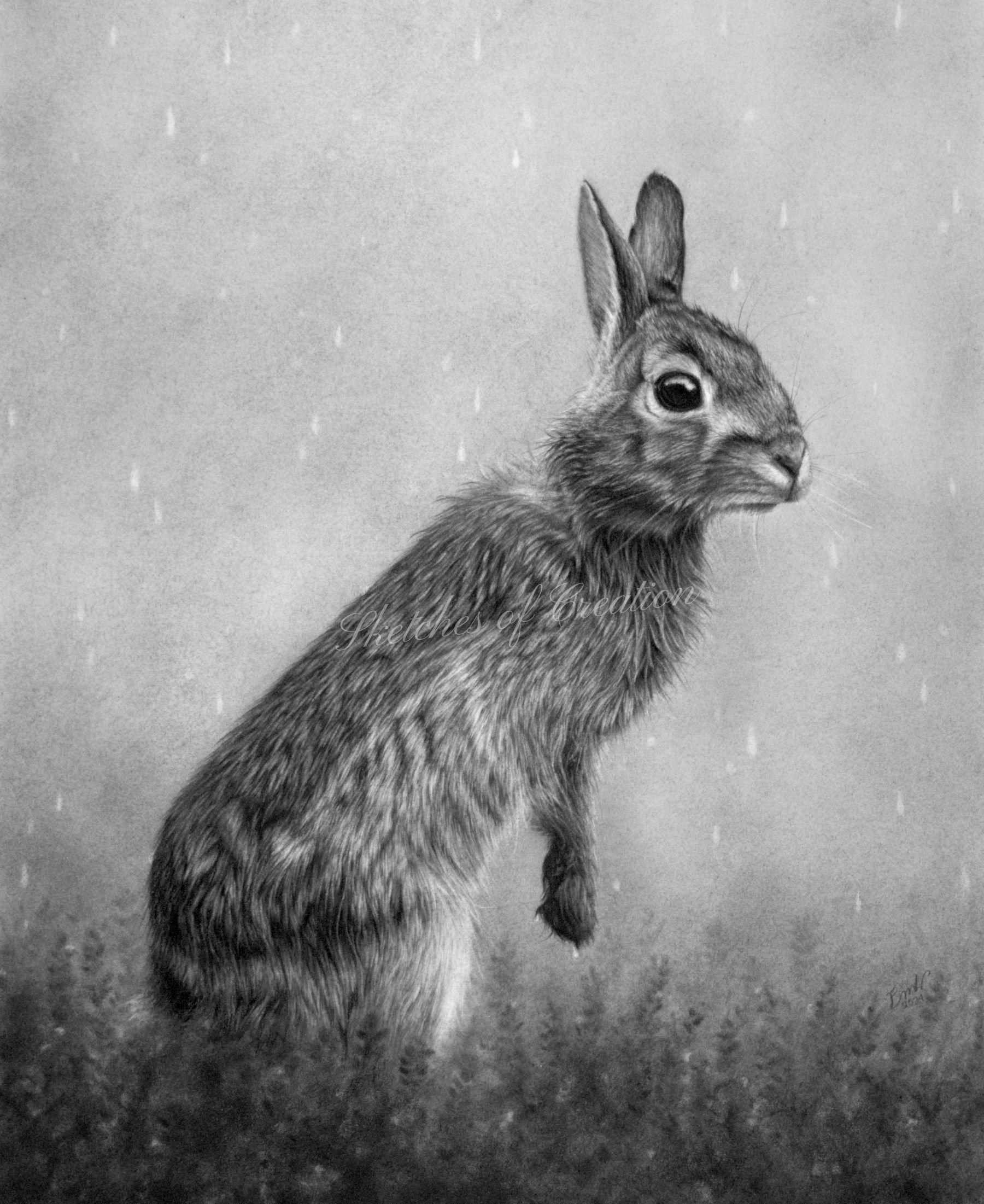 A drawing of a bunny in the rain